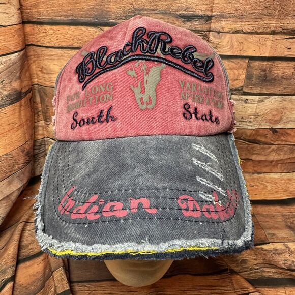 Black Rebel Hat Cap Distressed Adjustable Steer Skull South State Indian Dakota - Picture 1 of 7